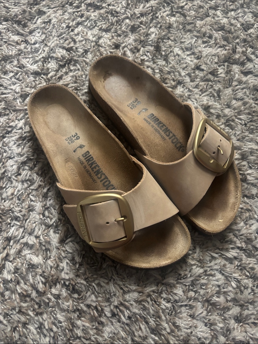 Birkenstock Single-Strap Sandal with Gold Buckle in Nude Tan